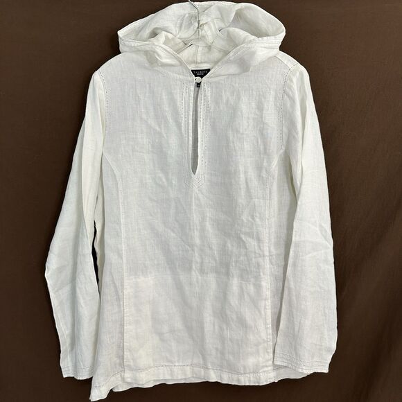 Talbots Womens Irish Linen Hooded Tunic Top MEDIUM White Beach Resort Minimalist - Picture 2 of 9